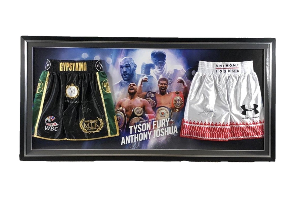 FRAMED TYSON FURY & ANTHONY JOSHUA HAND SIGNED OFFICIAL REPLICA FIGHT BOXING SHORTS