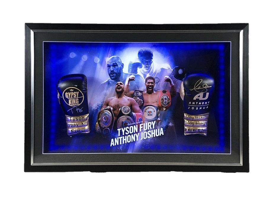 FRAMED TYSON FURY & ANTHONY JOSHUA HAND SIGNED OFFICIAL BRANDED BOXING GLOVES